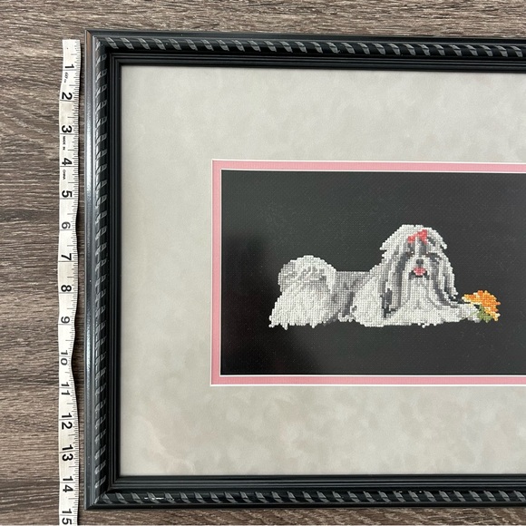 Vintage Cross Stitch Shih Tzu Black Framed Matted Dog Handmade Wall Art 18x15” - Picture 6 of 6